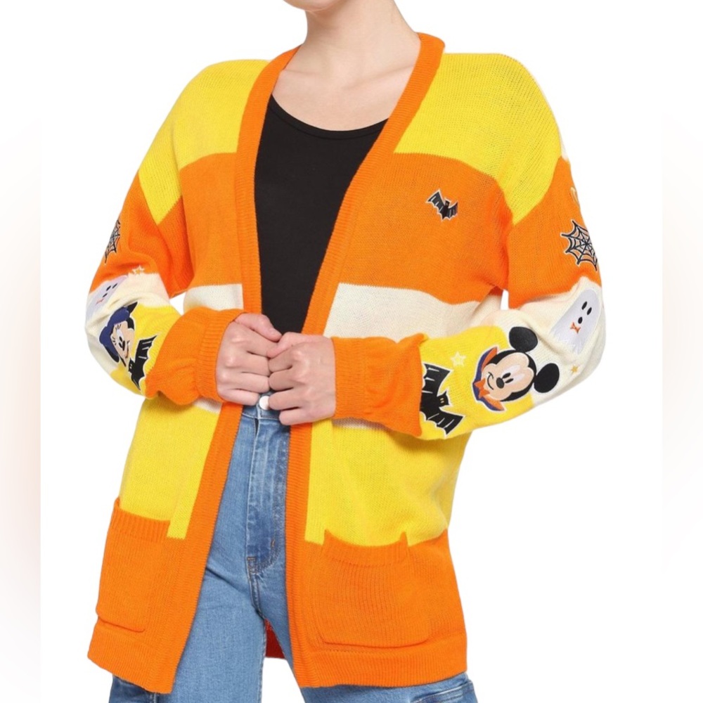 Disney Mickey Mouse Halloween Candy Corn Stripe Open Cardigan